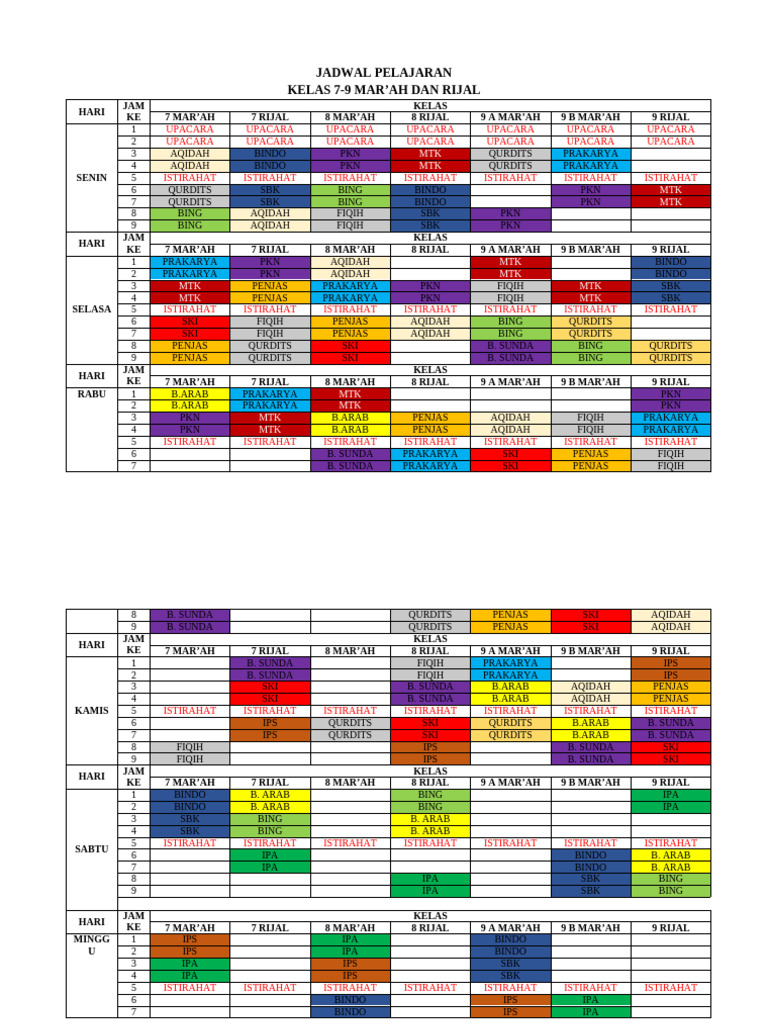 Jadwal Pelajaran Kelas 7-9 Mar'ah dan Rijal | PDF