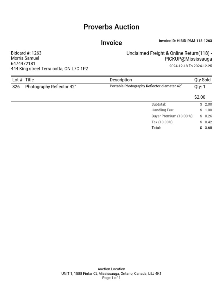 Proverbs Auction Invoice Summary | PDF