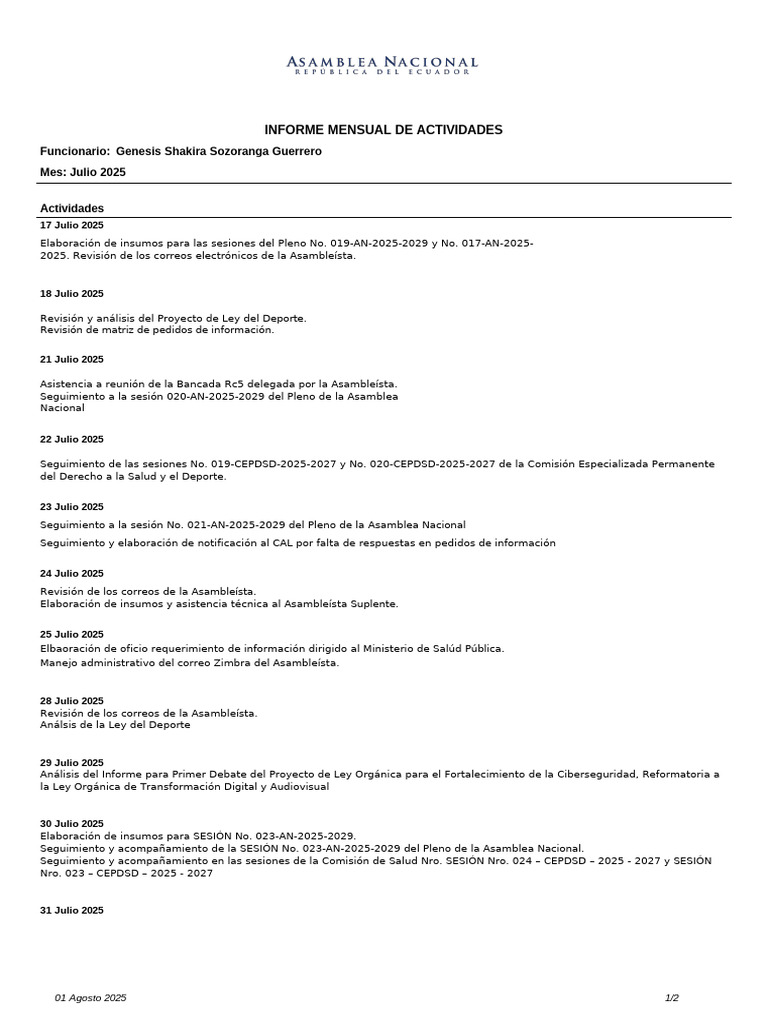 Informe de Actividades Julio 2025 | PDF | Gobierno