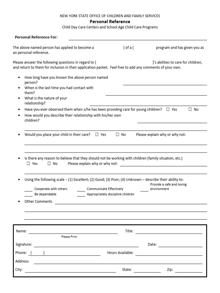 Child Care Personal Reference Form | PDF