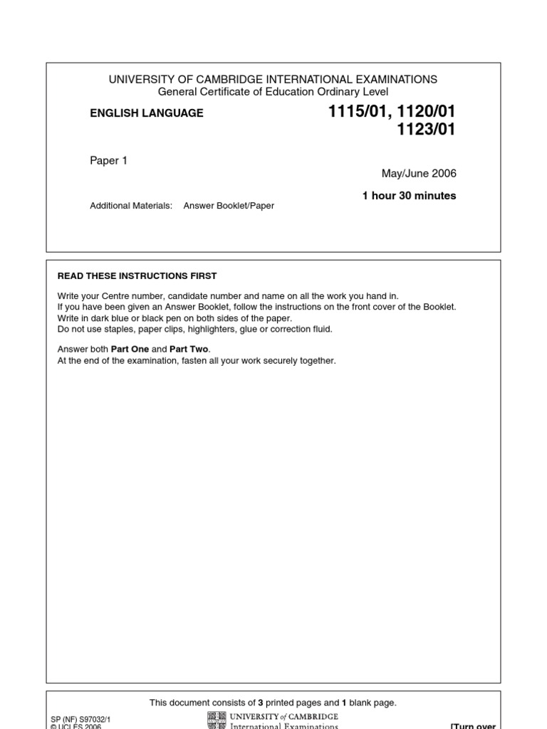 English Language: University of Cambridge International Examinations General Certificate of ...