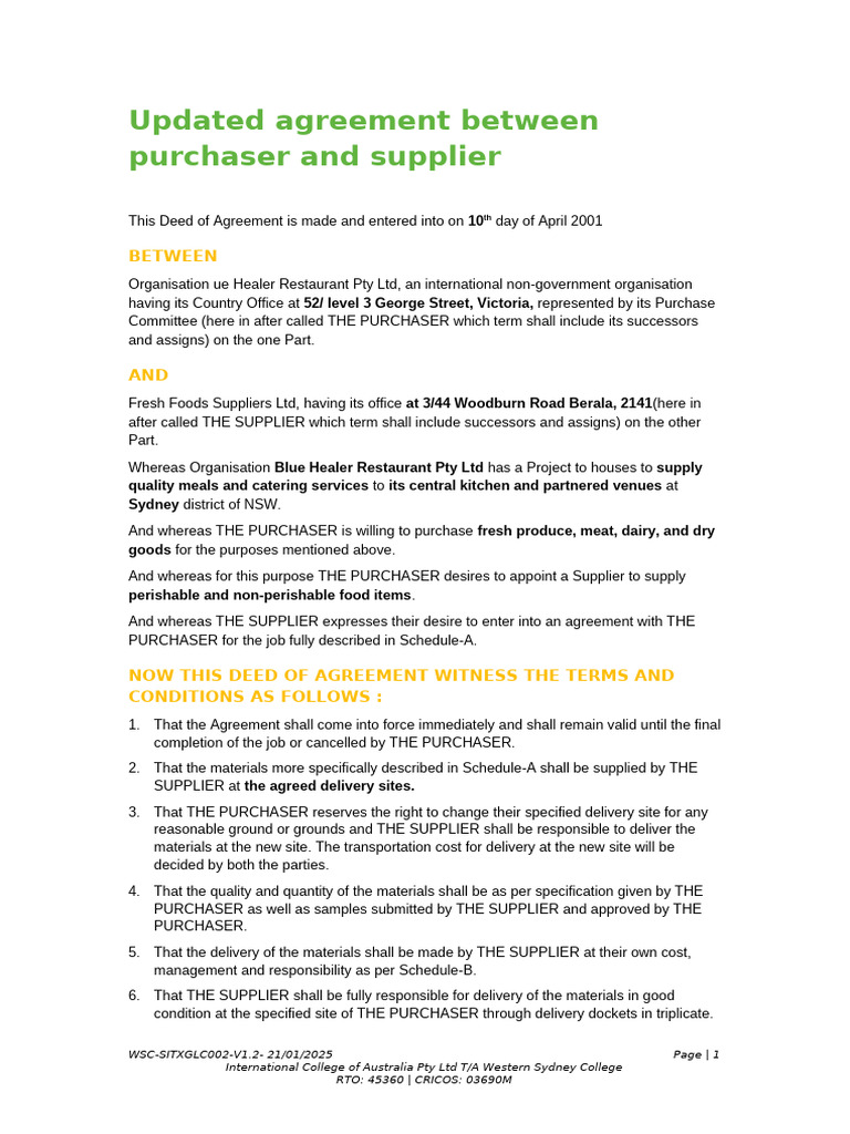 Food Supply Agreement Template | PDF | Payments