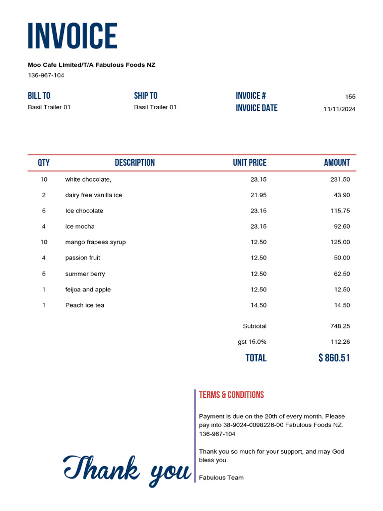 Invoice for Fruit Trailer Supplies | PDF | Fruit