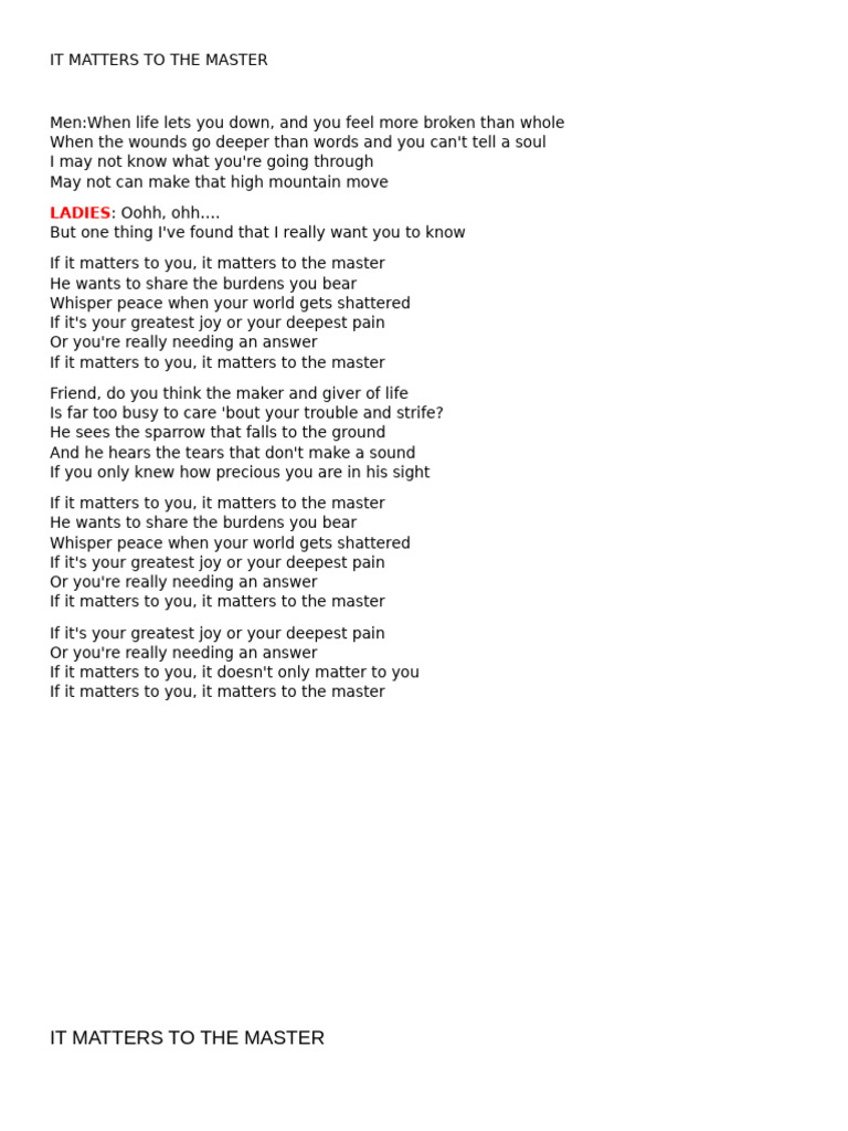 It Matters to the Master Lyrics | PDF
