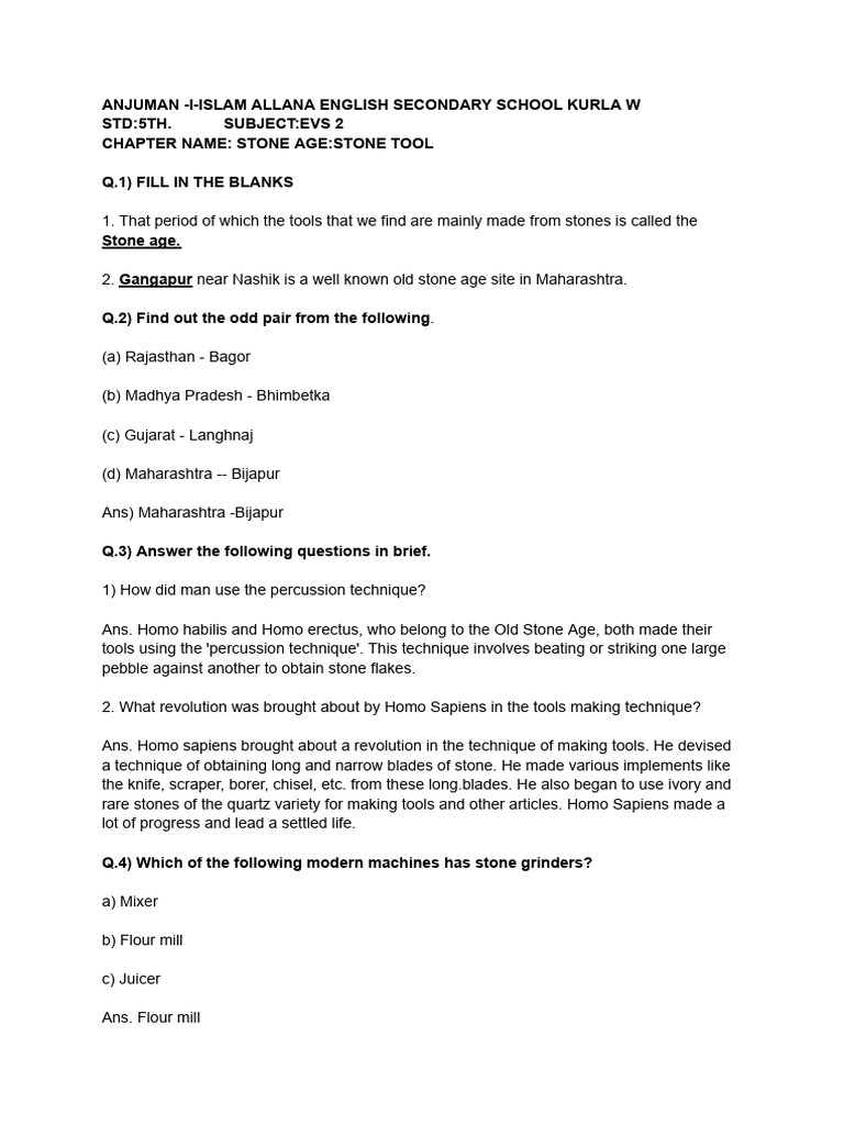 Stone Age Tools: EVS Chapter for 5th Grade | PDF