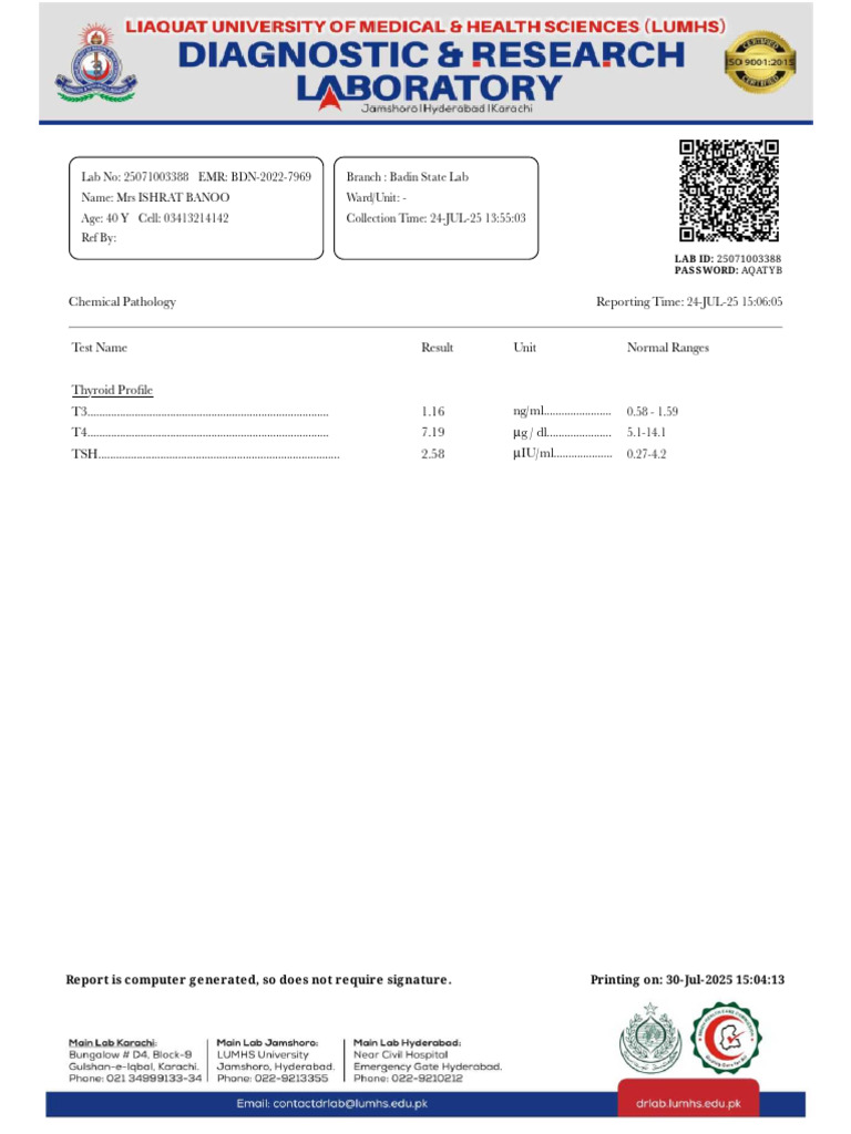 Thyroid and Haematology Report for Mrs. Banoo | PDF | Tissue (Biology ...