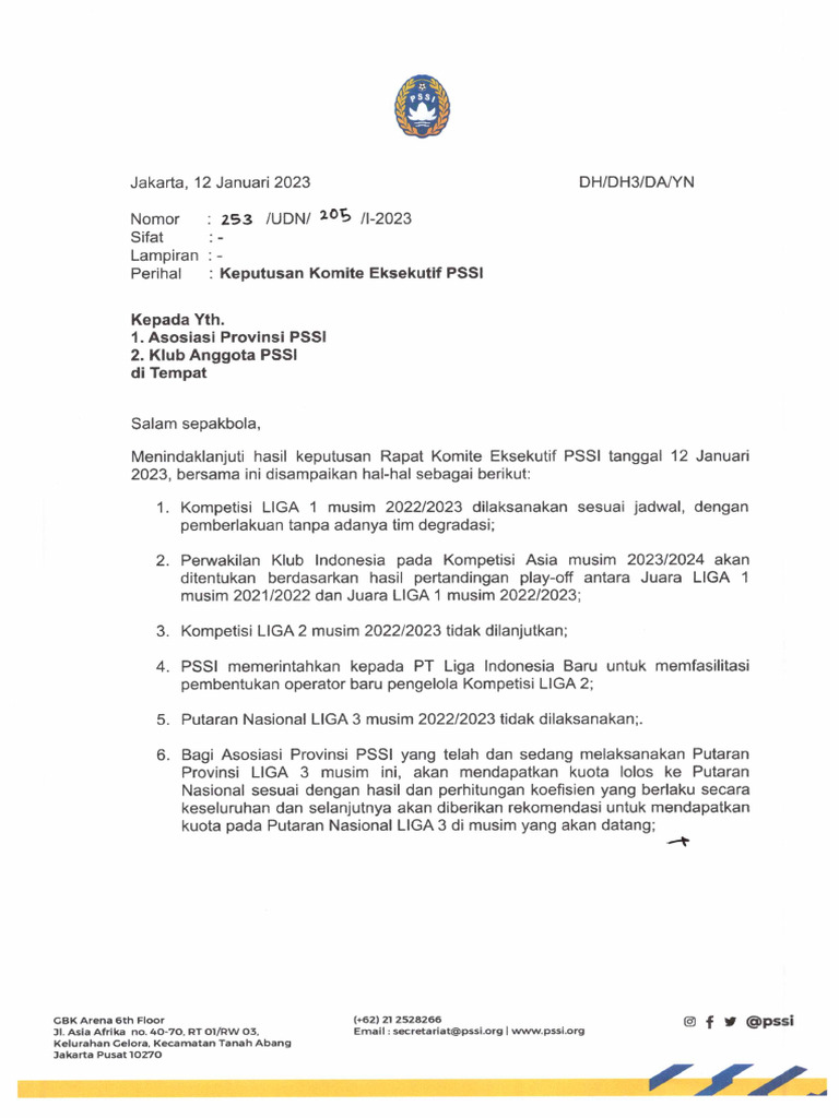 253UDN205I-2023 Keputusan Komite Eksekutif PSSI | PDF