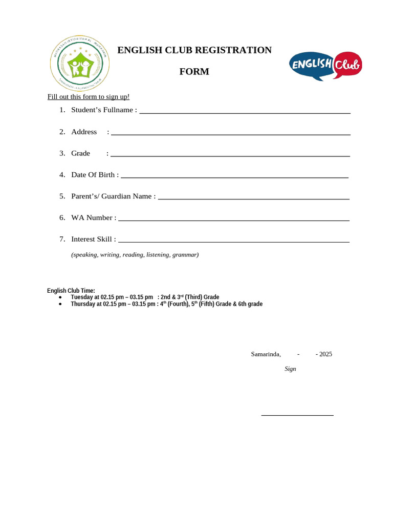 English Club Registration Form | PDF