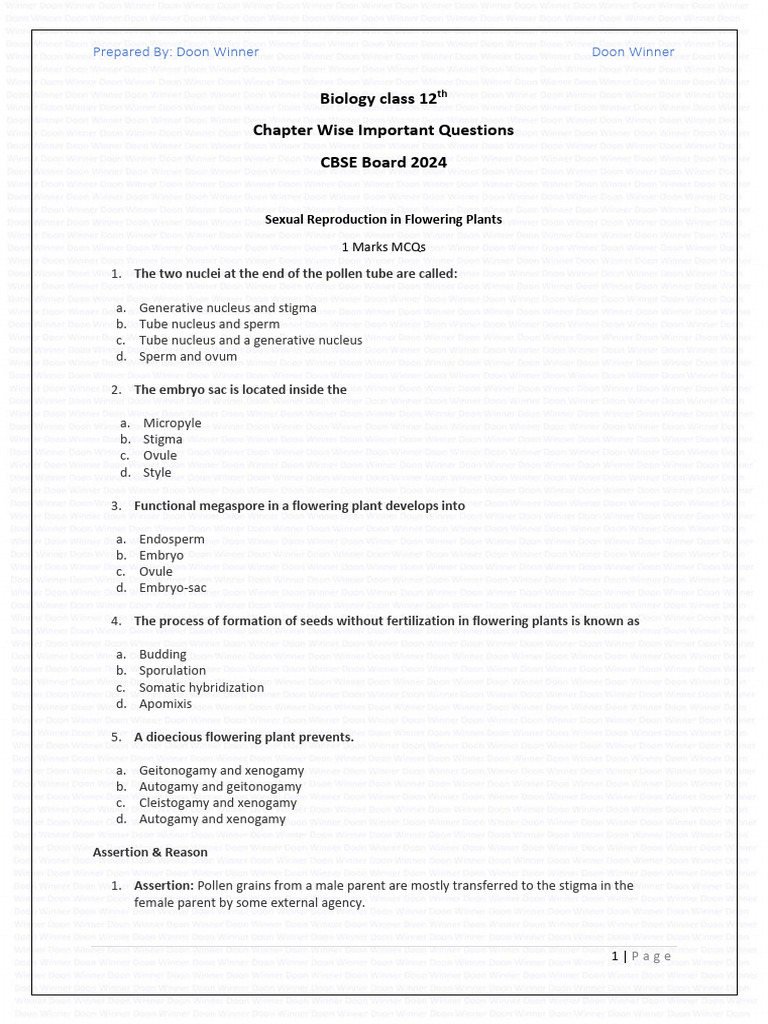 Biology Class 12th Chapter Wise Important Questions For The Board Pdf