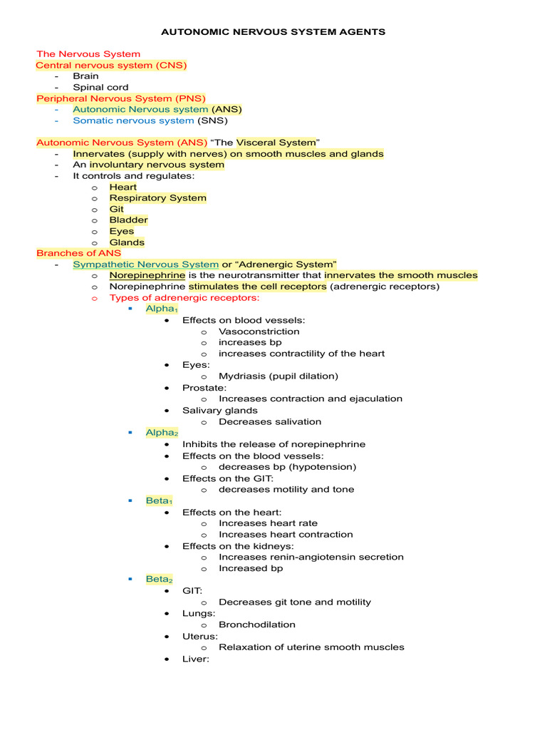 Autonomic Nervous System Agents Overview | PDF | Acetylcholine ...