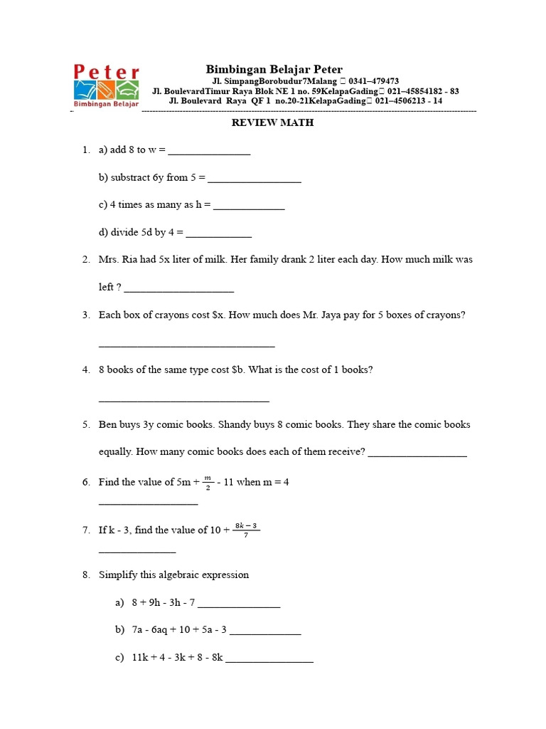 Math Review Exercises | PDF