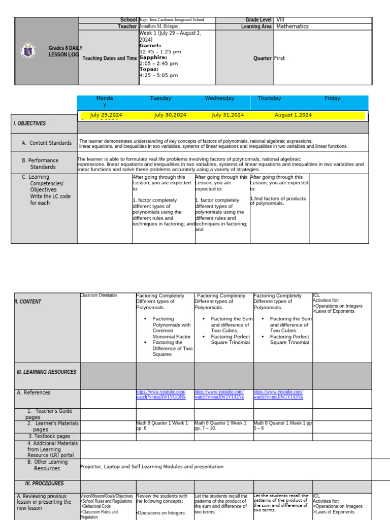 Grade 8 Math Lesson Plan: Polynomials | PDF | Factorization | Equations