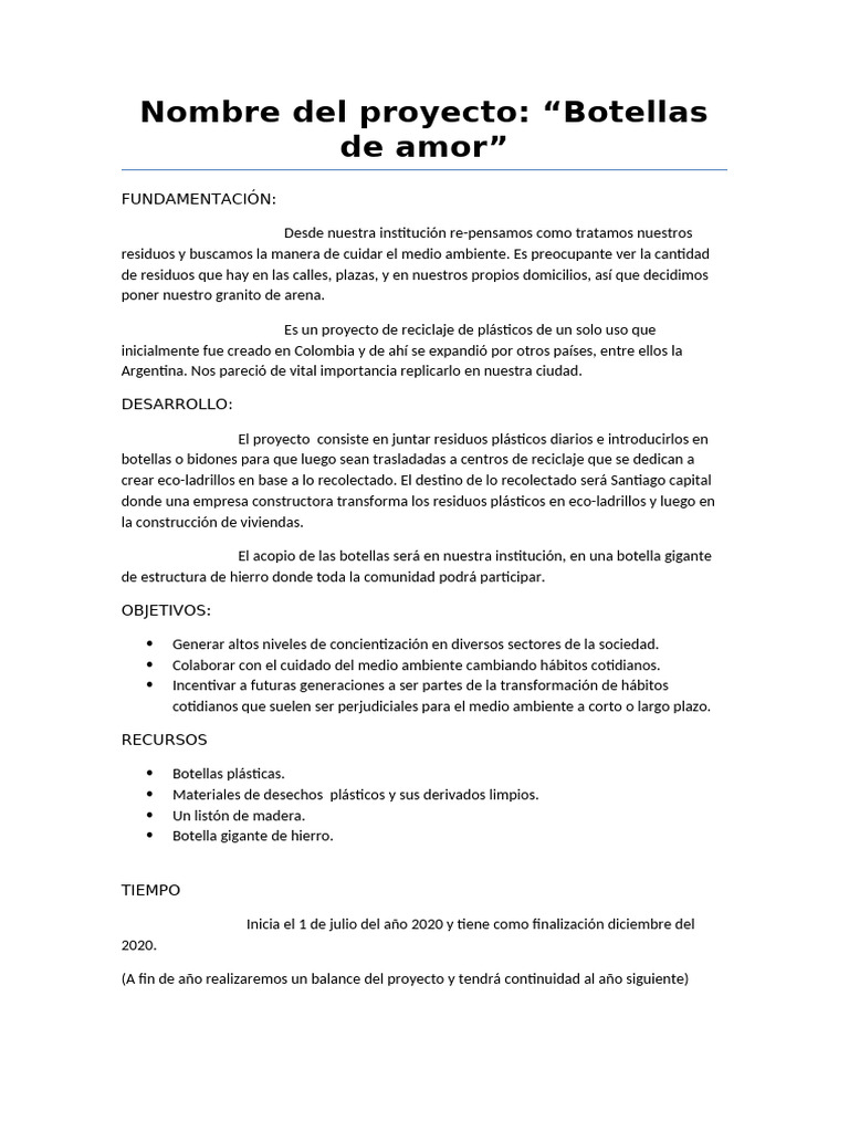 Proyecto Botellas de Amor 2020 | PDF | Residuos | El plastico