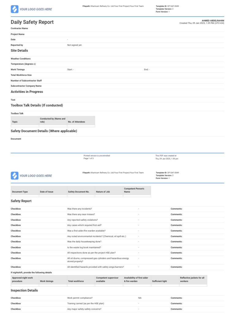 Daily Safety Report Template | PDF | Safety | Occupational Safety And ...