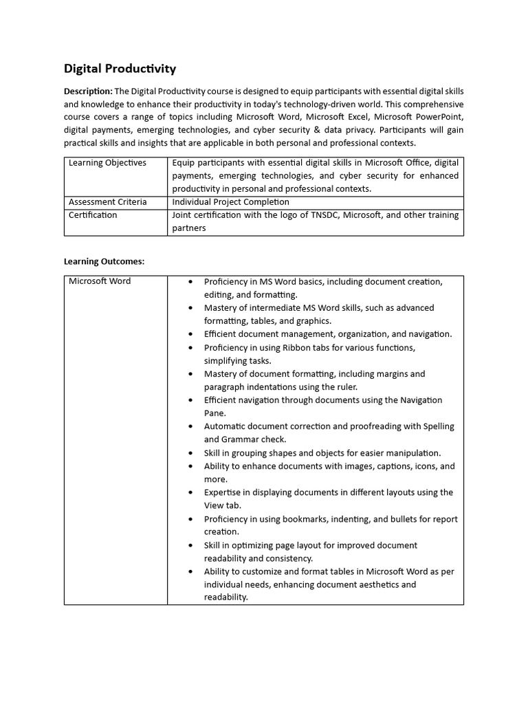 Digital Productivity Skills Training | PDF | Microsoft Excel ...
