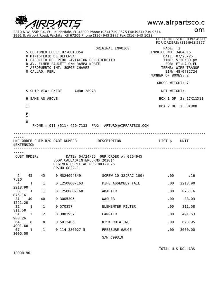 Invoice for Ejercito del Peru | PDF