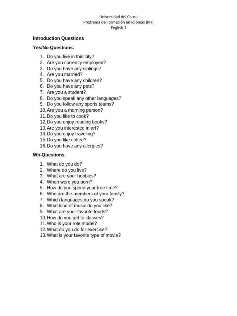 Speaking Introduction Questions | PDF