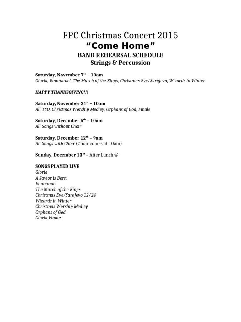 Come Home Band Schedule - Strings&Perc | PDF