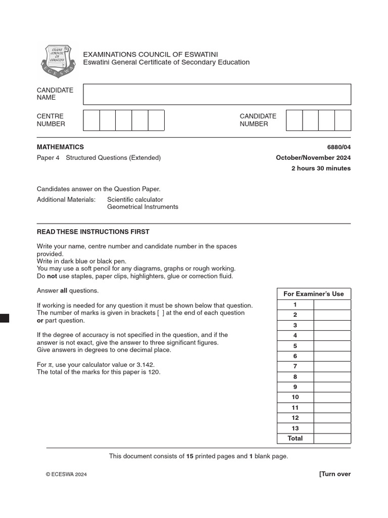 EGCSE Mathematics Paper 4: 2024 Exam | PDF | Area | Numbers