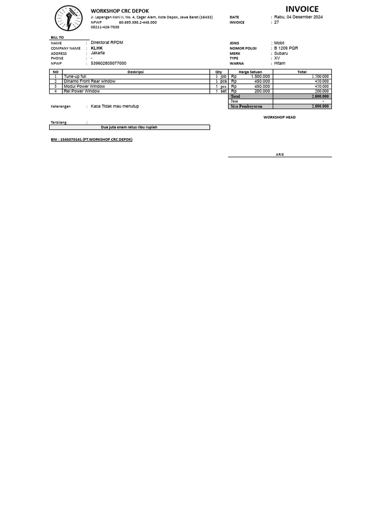 Invoice PT. Workshop CRC Depok.xlsx - Copy of RPDM Subaru | PDF