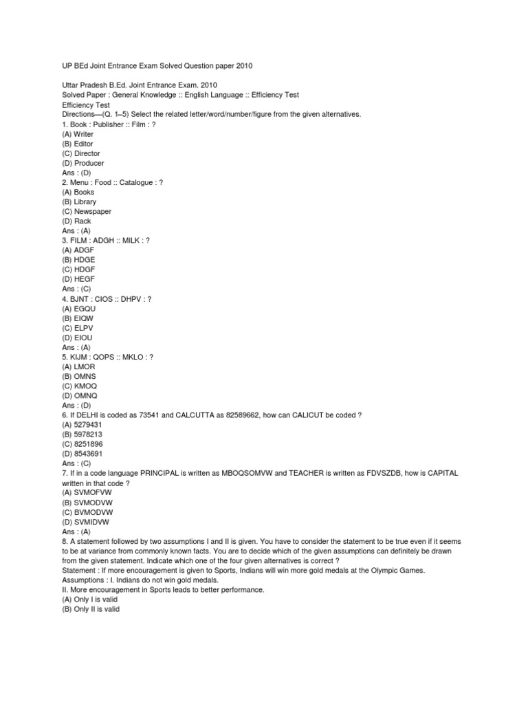 UP BEd Joint Entrance Exam Solved Question Paper 2010 PDF Lecture
