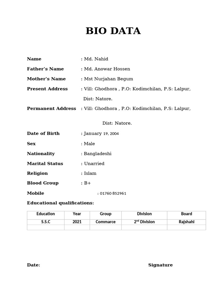 Biodata Format For Job-Nahid | PDF
