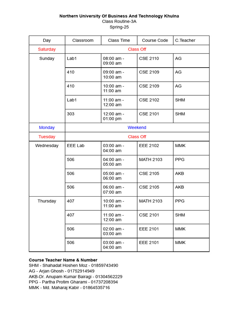 Class Routine for Spring-25 3A | PDF