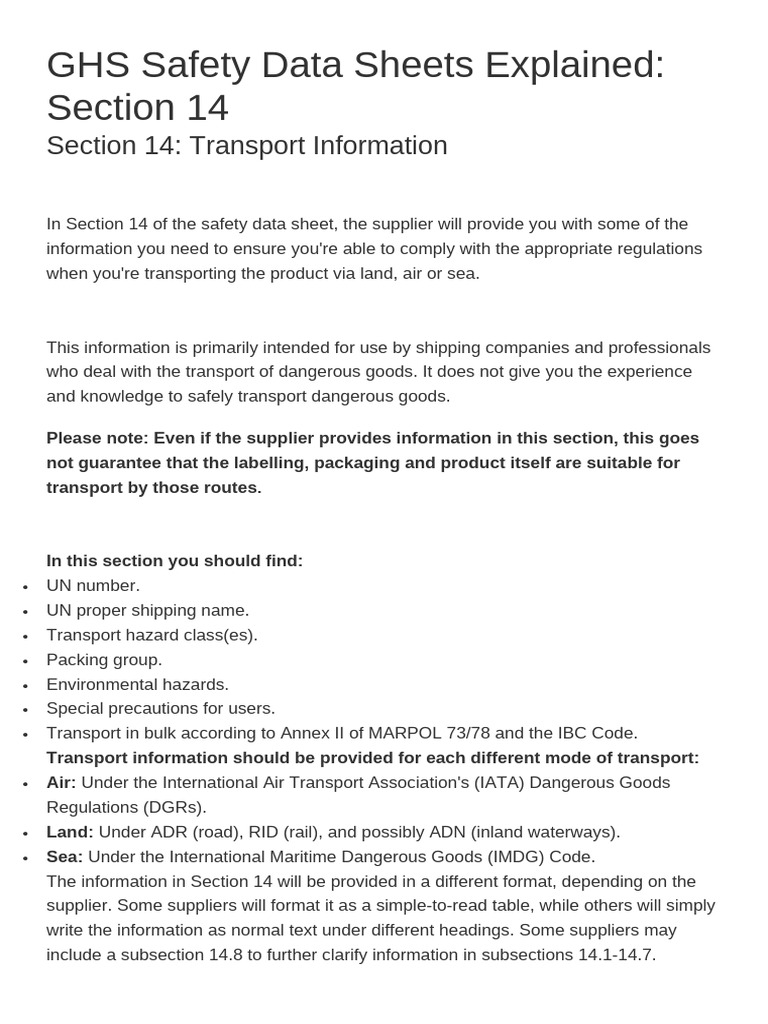 Section 14: Transport Info in SDS | PDF | Dangerous Goods | Chemistry