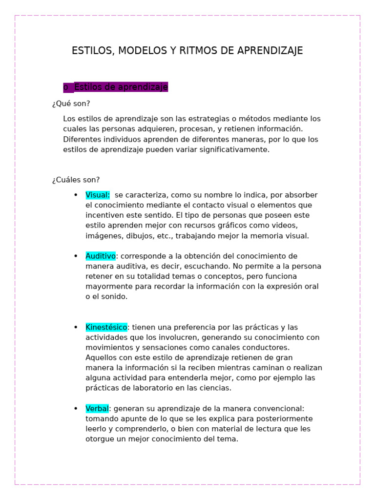 Estilos y Modelos de Aprendizaje | PDF | Aprendizaje | Aprendiendo estilos