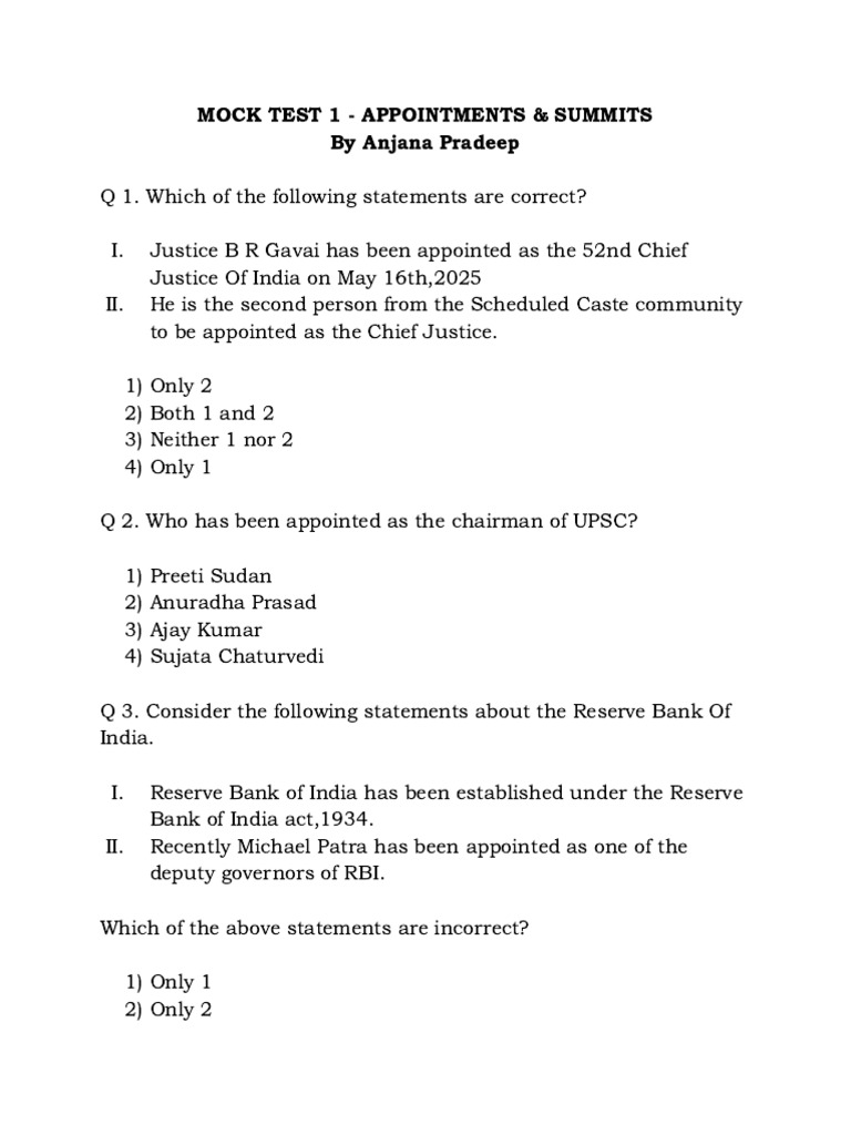 Appointments and Summits Mock Test | PDF