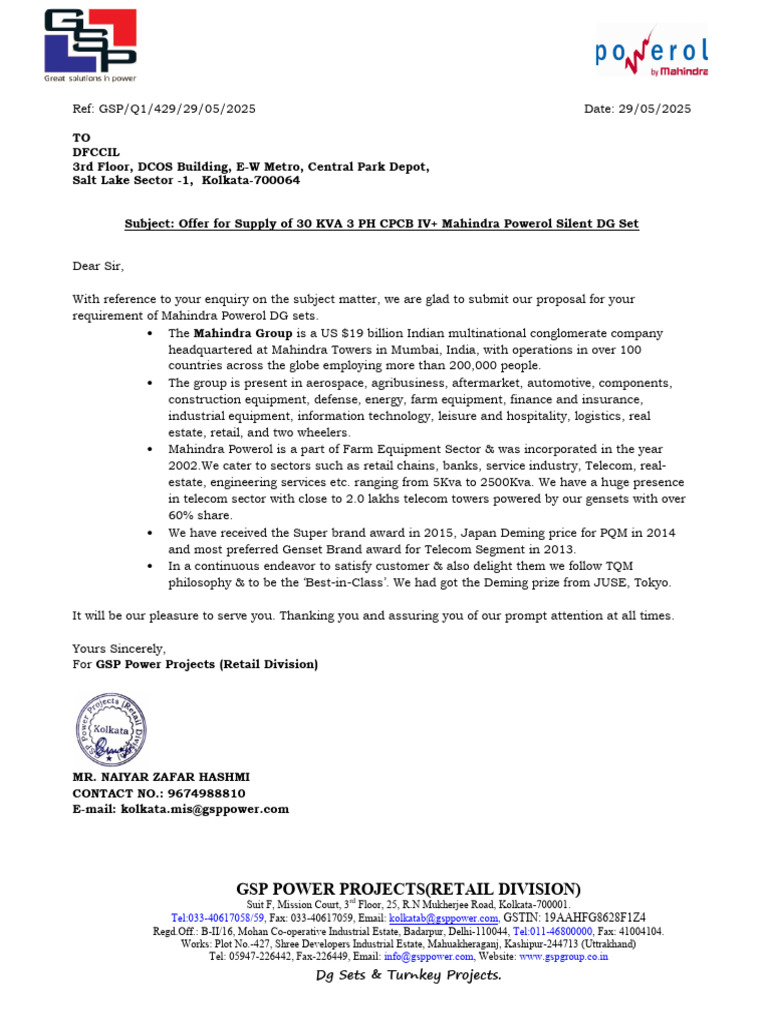 Dfccil 30kva 3PH CPCB Iv+ Mahindra DG Quotation.. | PDF | Engines