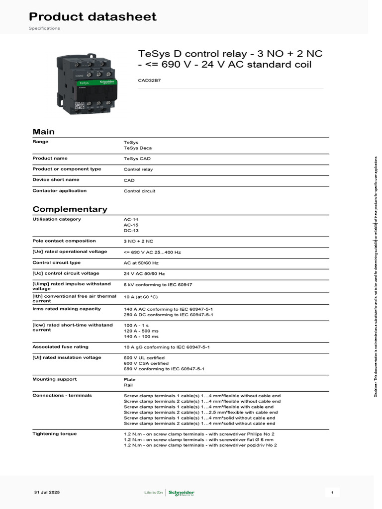 Contactor TeSys CAD-32 Especificaciones | Ingenieria Eléctrica
