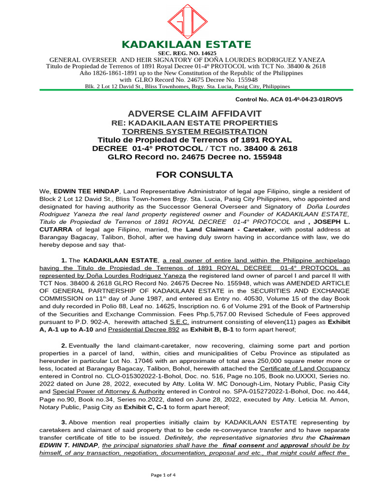 Kadakilaan Estate Land Claim Affidavit | PDF | Common Law | Civil Law ...