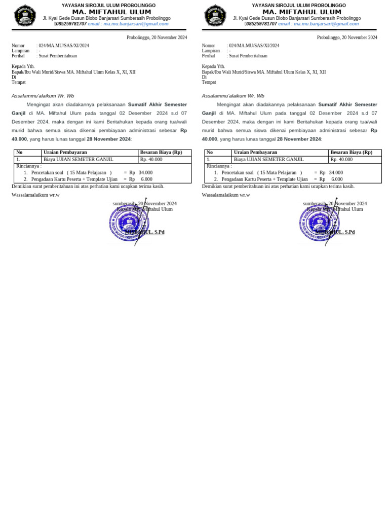 Surat Pemberitahuan Sas Ma. Mu 2024 | PDF