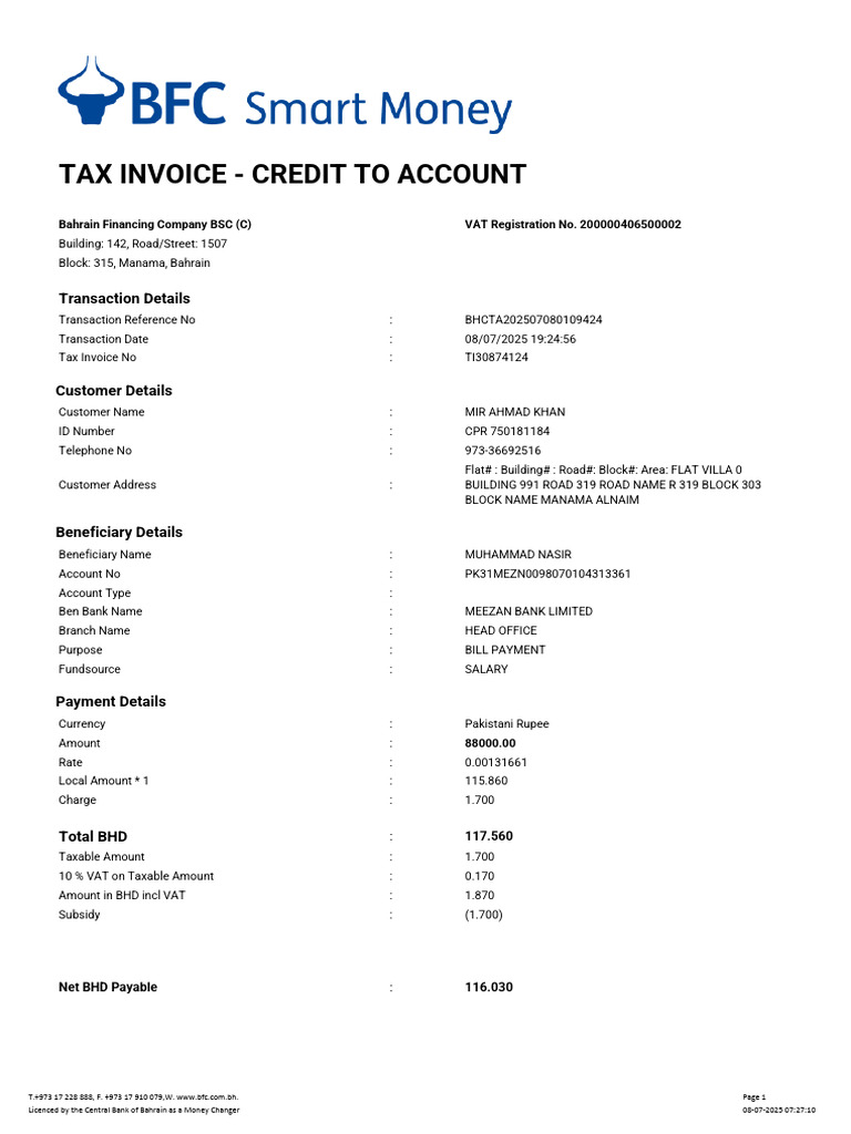 Tax Invoice for Account Credit in Bahrain | PDF | Value Added Tax ...
