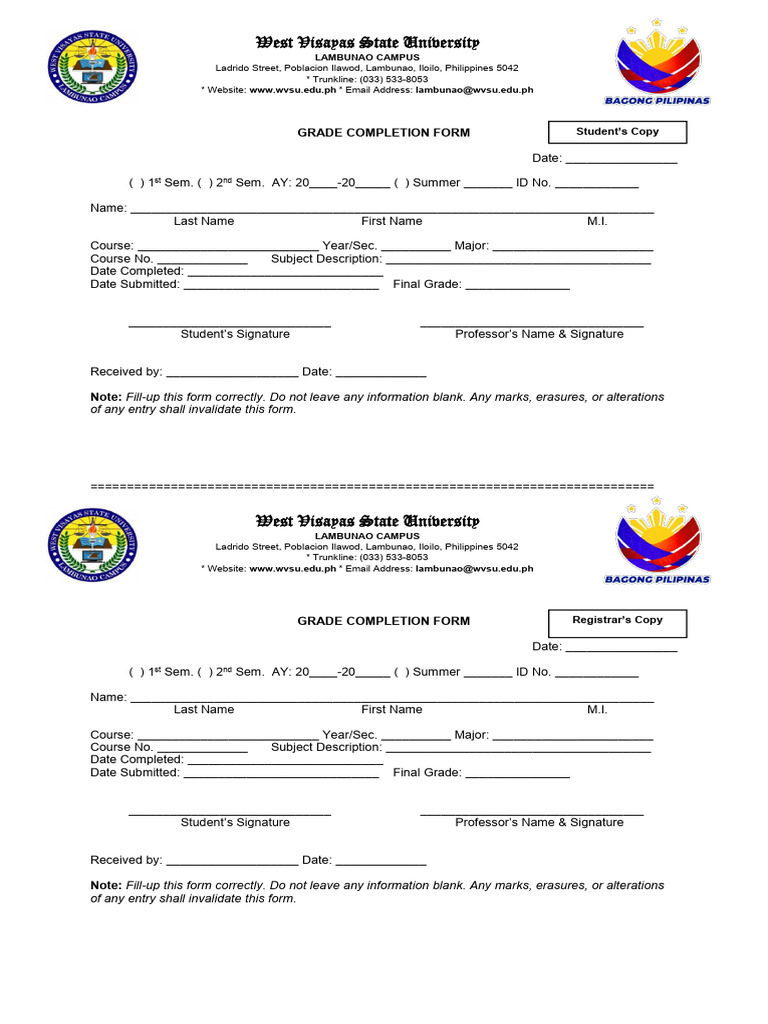 Grade Completion Form Template | PDF
