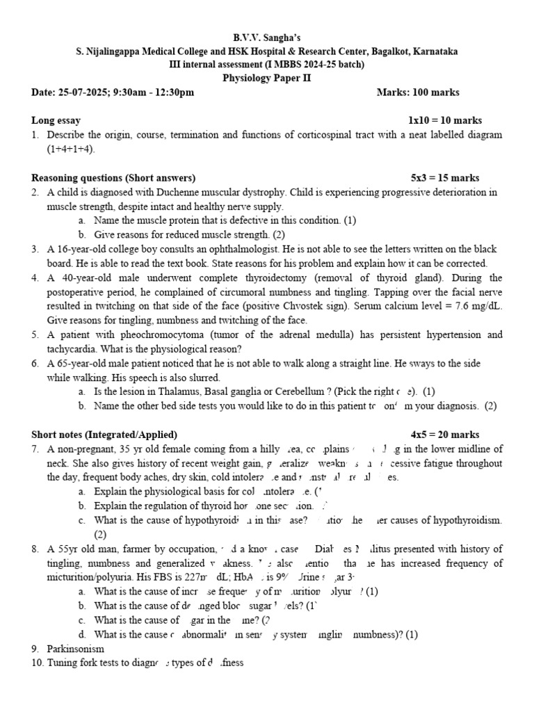 MBBS III Internals 2024-25 Batch - Paper 2-25-07-2025 | PDF | Acetylcholine