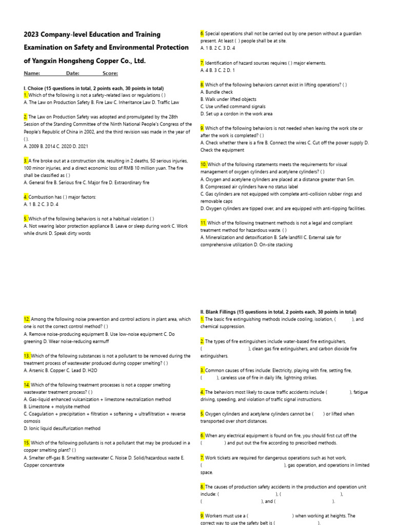 Safety Exam | PDF | Fires | Smelting