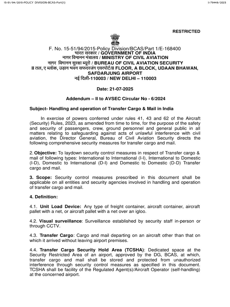BCAS Guidelines for Transfer Cargo 2025 | PDF | Cargo | Airport
