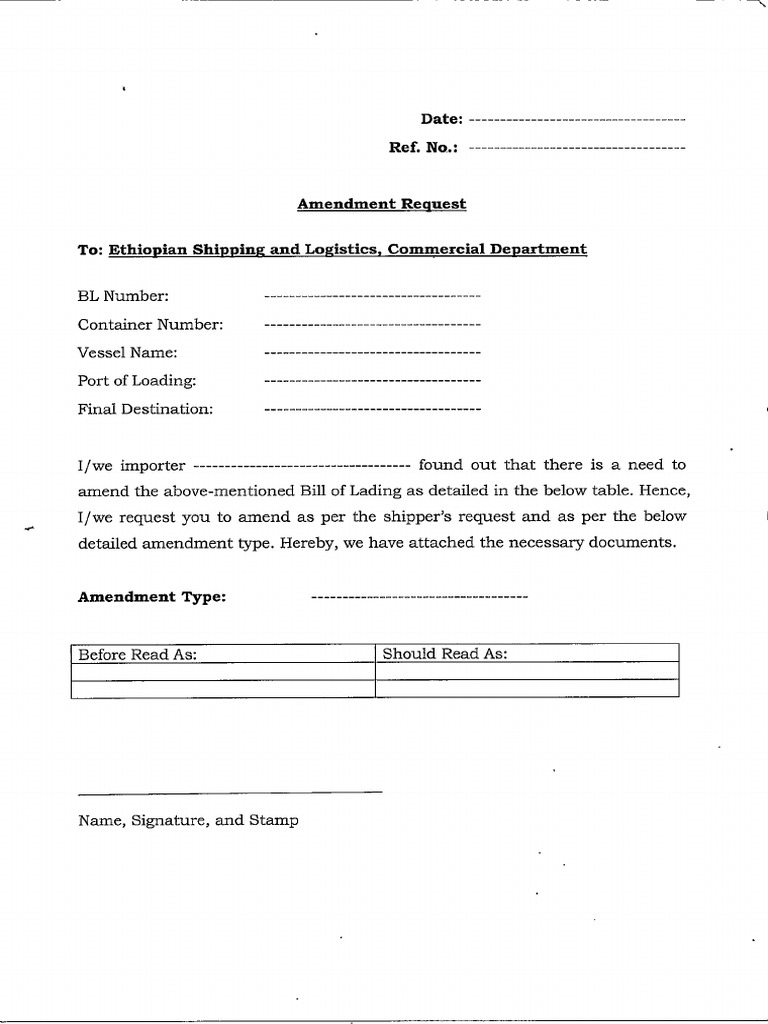 Bill of Lading Amendment Request Form | PDF