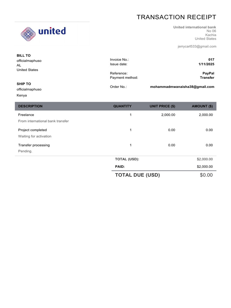 Bank Transfer Receipt for Payment | PDF