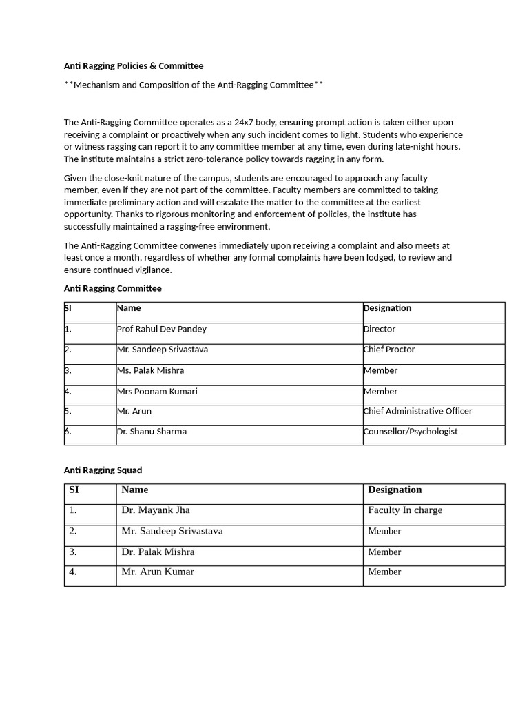 Anti-Ragging Committee Overview and Contact | PDF