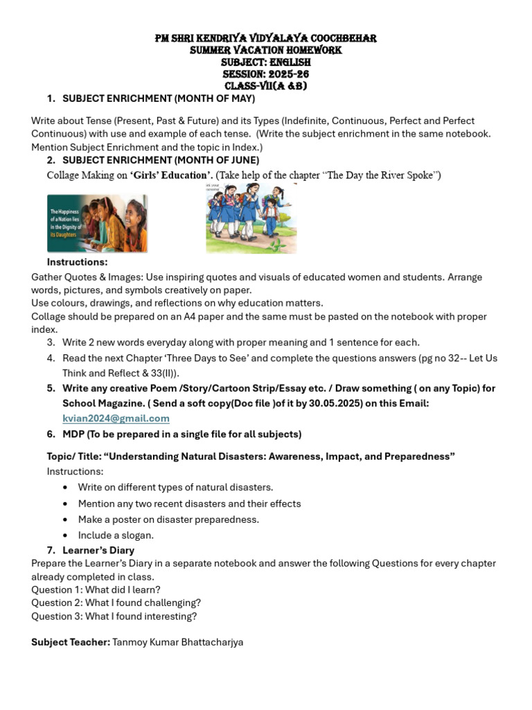 Summer Homework for Class VII English | PDF