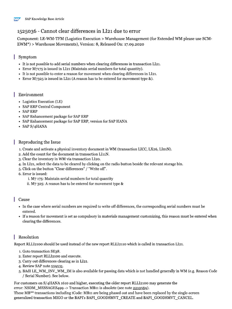 Cycle Count PI Document OSS Note - Serial Issue | PDF