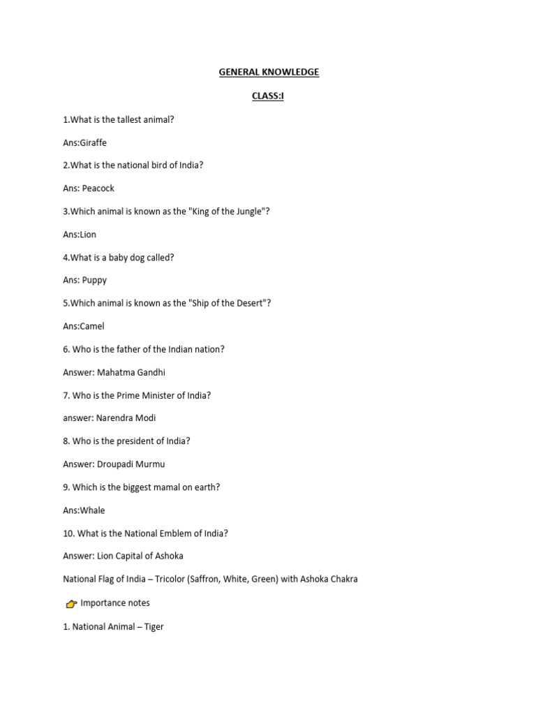 General Knowledge Class I | PDF