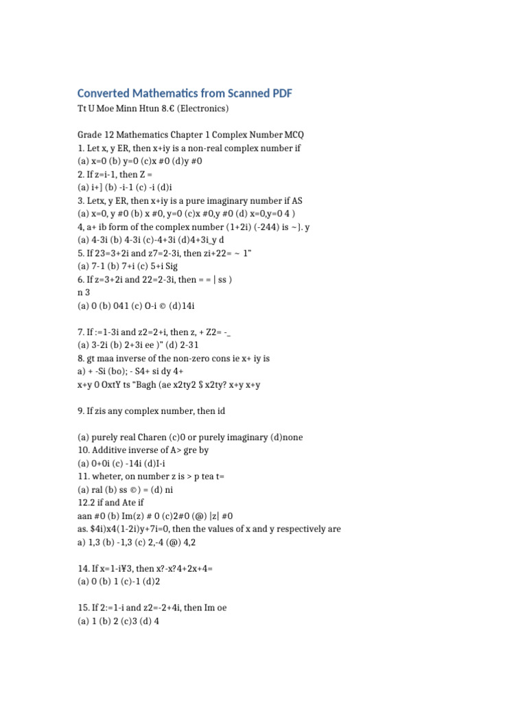Grade 12 Complex Number MCQs | PDF | Mathematical Concepts | Mathematics
