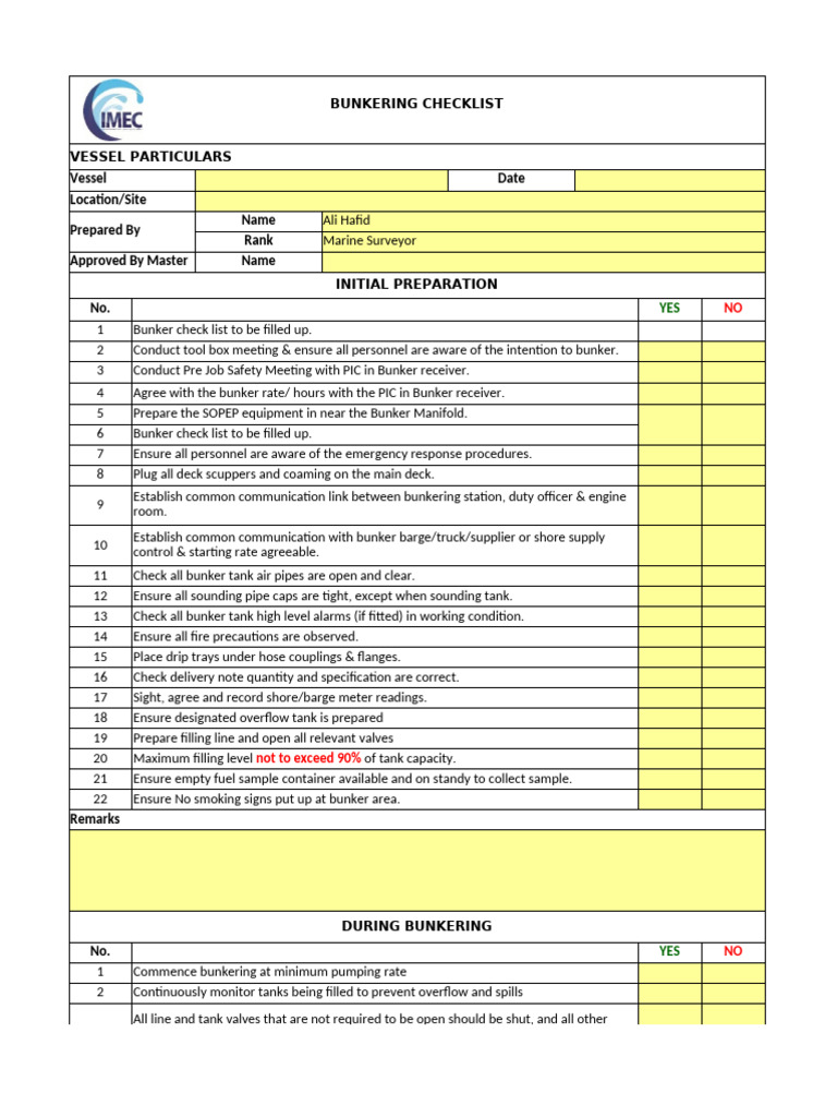 Bunkering Procedure Checklist | PDF | Valve