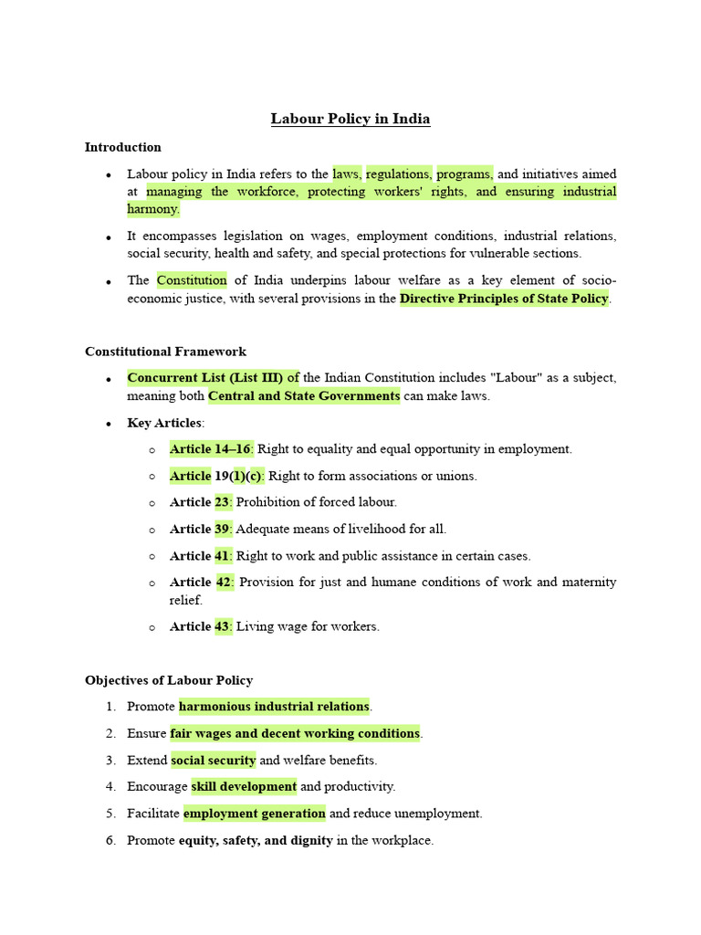Overview of India's Labour Policy | PDF | Labour Law | Employment