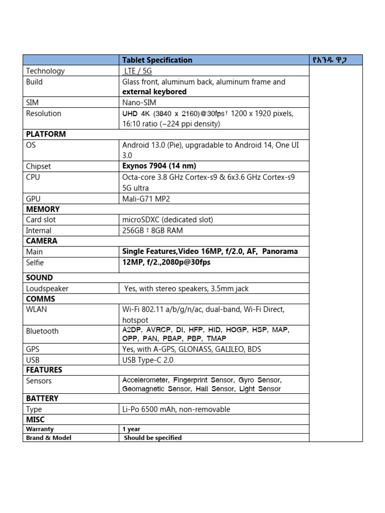 Tablet Specifications Overview | PDF