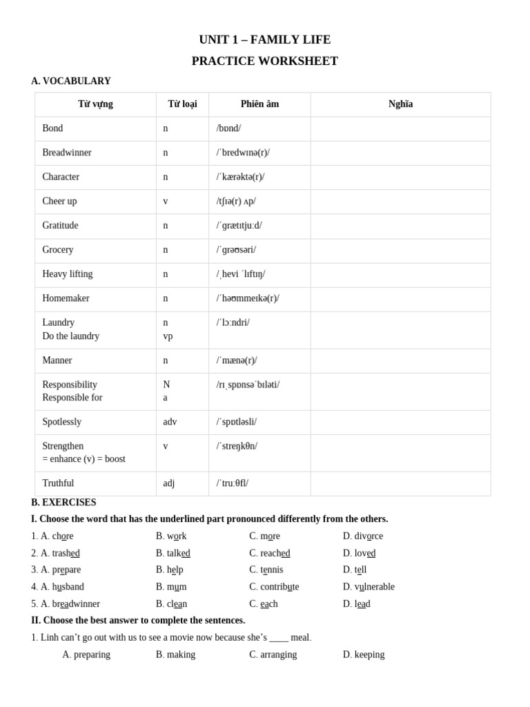 Family Responsibilities Worksheet | PDF